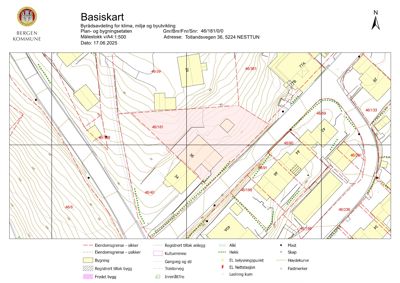 Et basiskart (situasjonskart) fra Bergen kommune som viser eiendomsgrenser, høydekurver, eksisterende bygninger og infrastruktur i NESTTUN.