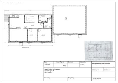 Etasjeplan (kjelleretasje) med romfordeling, dører, vinduer og mål for en bygning etter oppussing.