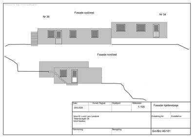Fasadetegning som viser bygningens utseende sett fra syd/vest og nord/øst, inkludert vinduer, dører og trapper.