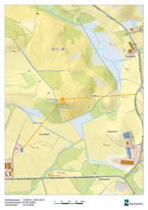 Kart over et område med topografi, veier (Skebergvegen, Fjermestadvegen), vann (Lauvåsen) og eiendomsgrenser. Kartet inneholder også koordinater, utskriftsdato og logo for Kartverket.