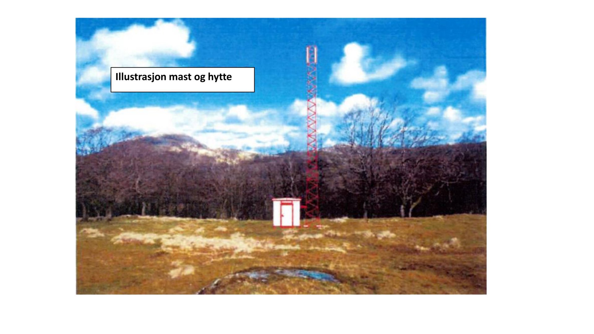 En illustrasjon (rendering) som viser en mast og en hytte plassert i et naturområde, med en tekstboks som bekrefter at det er en illustrasjon.