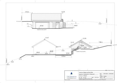 Fasadetegning som viser bygningens utseende fra vest og syd, med mål og profileringer.