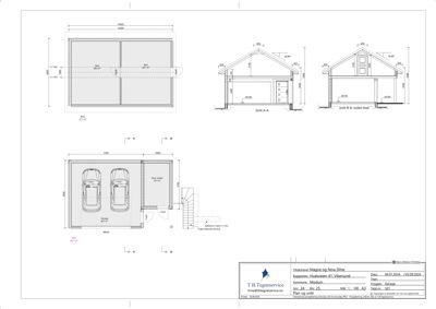 Plantegning av en garasje med to bilplasser, en oppgang og en isolert bod. Tegningen viser også snitt (A-A og B-B) som viser takkonstruksjon og dører.