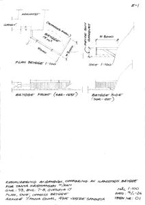 En tegning som viser oppriss av en brygge sett fra ulike vinkler (front og side), inkludert snitt og mål.