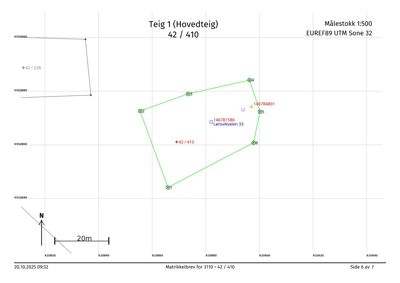 Situasjonsplan som viser eiendomsgrunnlinjer (Teig 1), matrikkelnummer, adresse, koordinatsystem og målestokk.