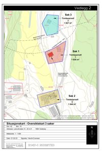 Situasjonskart som viser tomtedeling og bygningsplassering for tre saksnummer (Sak 1, 2 og 3) i Vesterey.