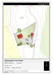 Situasjonsplan som viser tomtens grenser, eksisterende og ny bebyggelse samt omgivelsene.