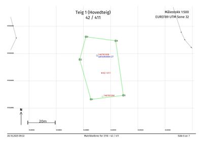 Situasjonsplan som viser eiendomsgrunnlinjene (grønn polygon) for matrikkelbrev 3110 - 42 / 411, med adresse Lønsvikveien 27, koordinater og målestokk.