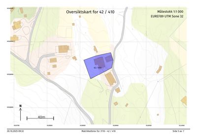 Oversiktskart (situasjonsplan) som viser eiendommen 42/410 med matrikkelnummer, nabolag, veier og topografi.
