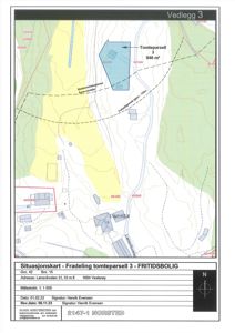 Situasjonskart som viser tomtedeling, grenser, naboeiendommer og topografi for et byggeprosjekt.