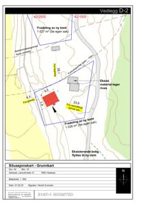 Situasjonskart som viser tomtedeling, eksisterende og ny plassering av bygning, samt grenser og avstander.