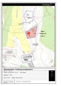 Situasjonsplan som viser tomtedeling (fradeling) med markerte tomteparseller, eksisterende bebyggelse og topografi.
