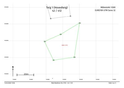 Situasjonsplan som viser eiendomsgransene (Teig 1) med koordinater og matrikkelbrevreferanse.