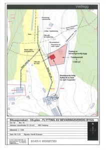 Situasjonskart som viser tomtens beliggenhet, nabolag, infrastruktur (vann/avløp) og byggefelt.