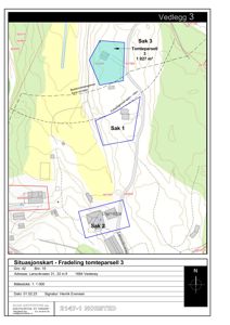 Situasjonskart som viser tomtedeling (fradeling) med bygningsplassering, høydekurver og nabolag.