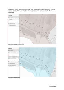 Bildet viser to kartutsnitt (fra et digitalt kartsystem) som illustrerer aktsomhetsområder for jord- og flomskred, samt snøskred på en eiendom.