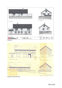 Bildet viser en tegning med fire fasadeopprikk (vest, øst, sør, nord) for en bygning, samt en eldre tegning fra kommunens arkiv.