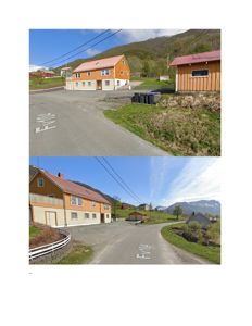 Fotografier av eksisterende bygninger og omgivelser, sannsynligvis fra et karttjeneste (Google Street View).
