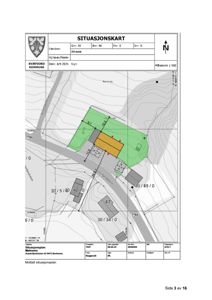 Situasjonskart som viser eiendomsnummer, bygningers plassering, topografi og naboeiendommer.