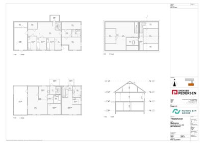 Plantegning som viser romfordeling for 1., 2. og 3. etasje samt et snitt (Snitt A) av en bolig.