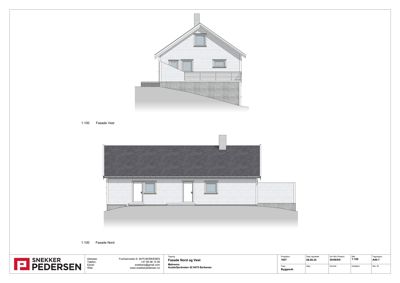 Fasadetegning som viser bygningens utseende fra nord og vest.
