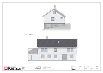 Fasadetegning som viser bygningens utseende sett fra sør og øst.
