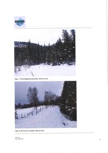 To fotografier av et snødekt område med gran og bartrær, med tekster som beskriver retningen (nord og vest).