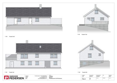 Fasadetegning som viser bygningens utseende fra fire ulike vinkler (Nord, Vest, Sør, Øst).
