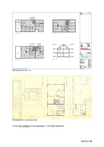 Bildet viser en side fra en byggesak som inneholder både nye plantegninger (øverst) og eldre plantegninger fra kommunens arkiv (nederst).