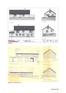 Bildet viser en tegning med oppriss av fasader (Nord, Vest, Sør, Øst) for en ny bygning, samt en eldre tegning med fasader fra kommunens arkiv.