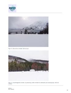 Fotografier av et snødekt område med fjell og vann, illustrerende et potensielt byggeområde.