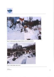 Fotografier av en bygning (kafé) og fjellblootninger i et snødekt landskap.