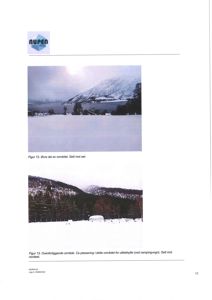 Fotografier av et utendørs område med snø, fjell og vann, inkludert tekster som beskriver området.