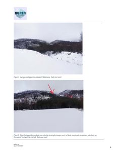 Fotografier av et snødekt landskap med fjell og skog, illustrerende snøskredfare langs Mølnelva.
