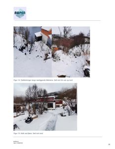 Fotografier av et snødekket område med fjellblootninger og en kafé ved fjæra.