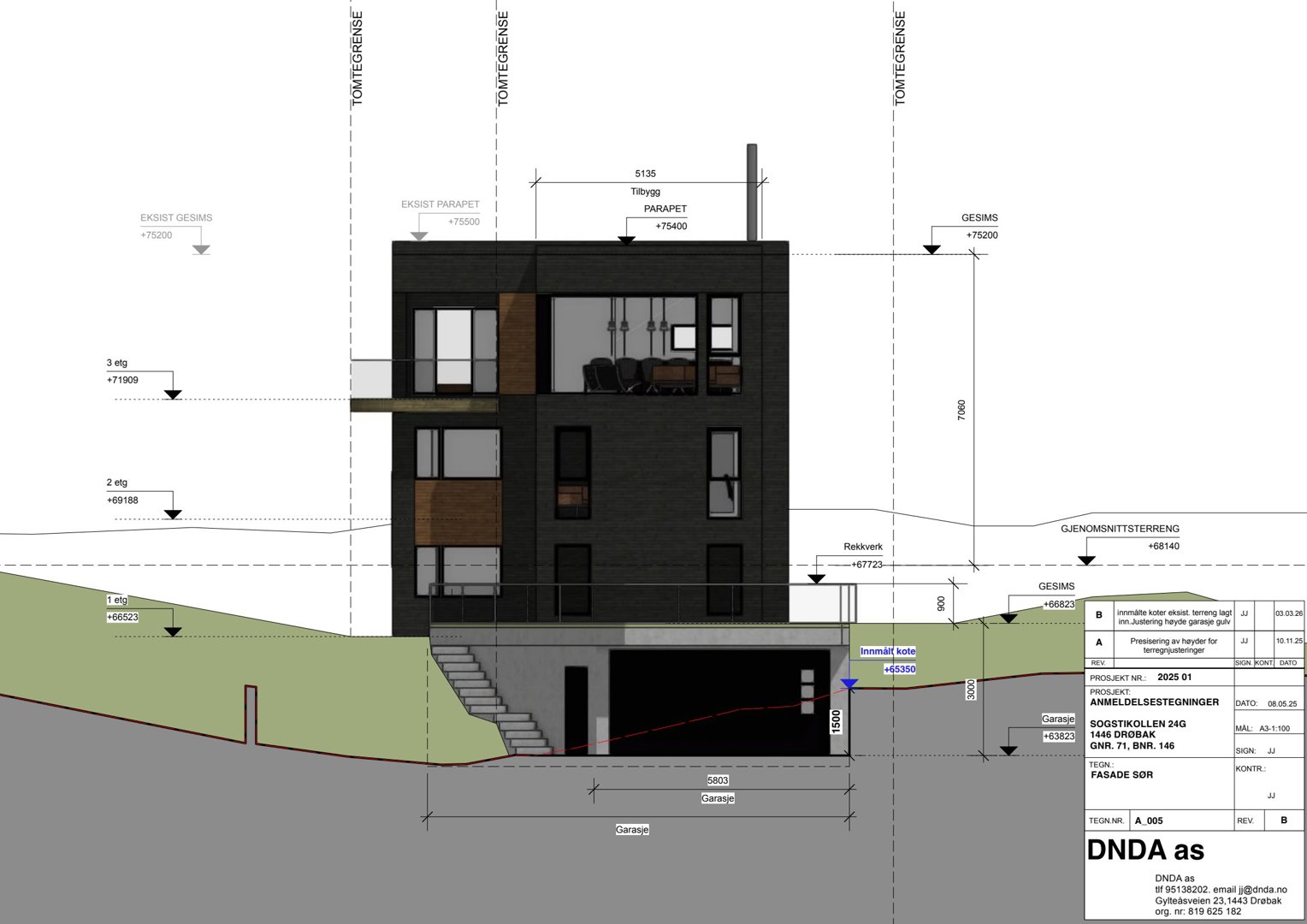 Fasadetegning (opprikk) som viser bygningens utseende sett fra siden, med detaljer om høyder, terrengforhold og konstruksjon.