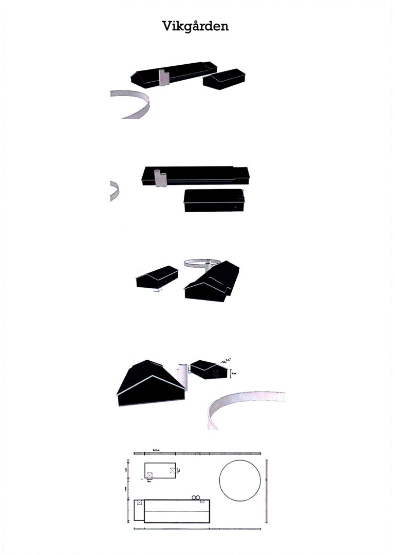 Bildet viser en serie med 3D-visualiseringer (renderinger) av bygningene i 'Vikgården' sett fra ulike vinkler, samt en teknisk plan under.