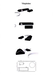 Bildet viser en serie med 3D-visualiseringer (renderinger) av bygningene i 'Vikgården' sett fra ulike vinkler, samt en teknisk plan under.