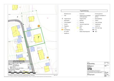 Situasjonsplan som viser tomtens grenser, naboeiendommer, veier og bygningers plassering.