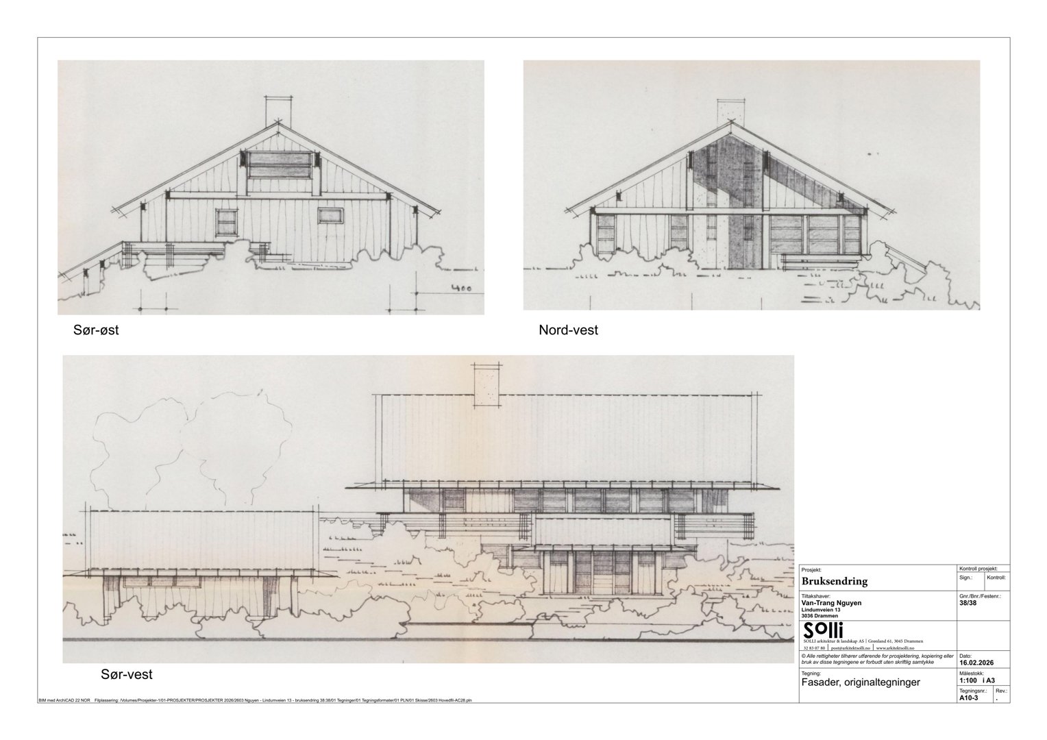Bildet viser tre fasadetegninger (Sør-øst, Nord-vest, Sør-vest) av en bygning med tak og vindusdetaljer.