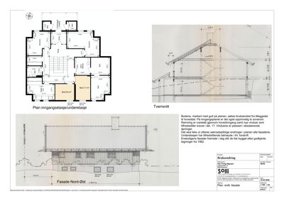Bildet viser en inngangsetasje/underetasje plan med romfordeling og et tverrsnitt av bygningen.