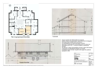 Bildet viser en inngangsetasje/underetasje plan med romfordeling og et tverrsnitt av bygningen.