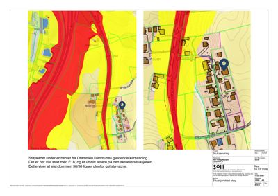 Situasjonsplan med støykart som viser støysoner (rødt/gult) i forhold til eiendommen og E18.
