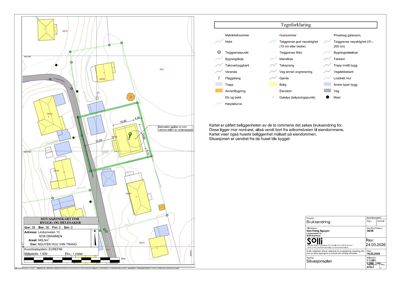 Situasjonsplan som viser tomtens grenser, naboeiendommer og bygningers plassering i forhold til hverandre.