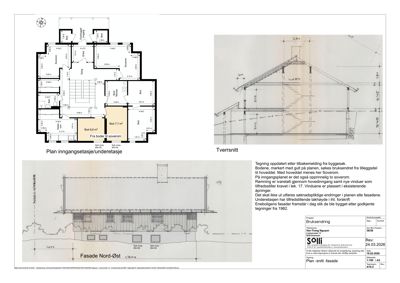 Bildet viser en inngangsetasje/underetasje plan med romfordeling og et tverrsnitt av bygningen.