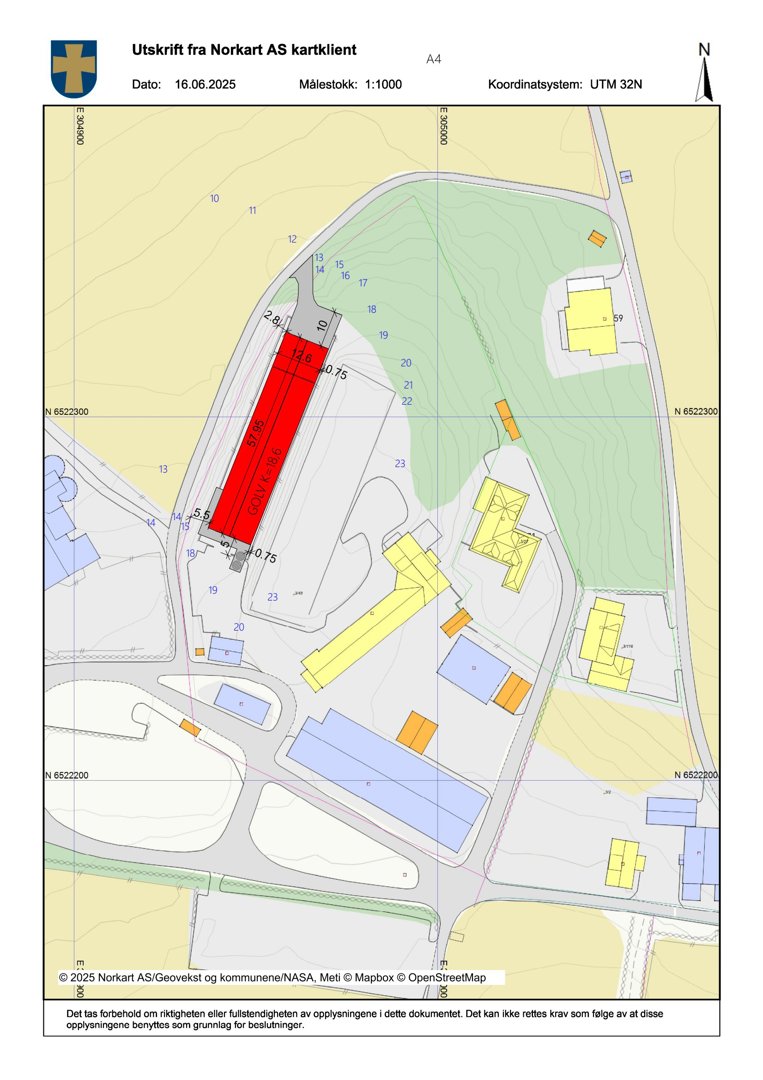 Situasjonsplan eller tomtekart som viser bygningsplassering, vegnett, terrengforhold og eiendomsgrenser.