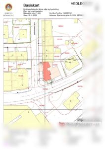 Situasjonsplan (basiskart) som viser eiendomsgrenser, bygninger, veier og infrastruktur i området.