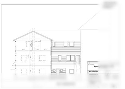 Snitttegning og fasadetegning mot øst for Bjørnsonsgate nr. 40, som viser både innvendig romfordeling og utvendig fasade.