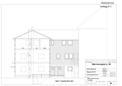 Snitttegning og fasadetegning mot øst for Bjørnsonsgate nr. 40, som viser både innvendig romfordeling og utvendig fasade.