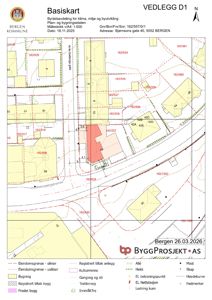 Situasjonsplan (basiskart) som viser eiendomsgrenser, bygninger, veier og infrastruktur i området.